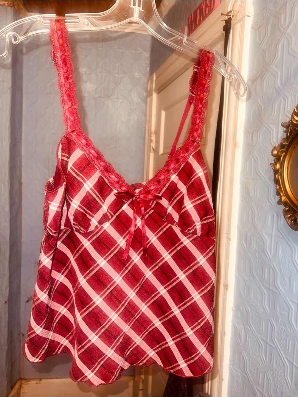 No Boundaries Red Plaid Lace-Trim Chemise
